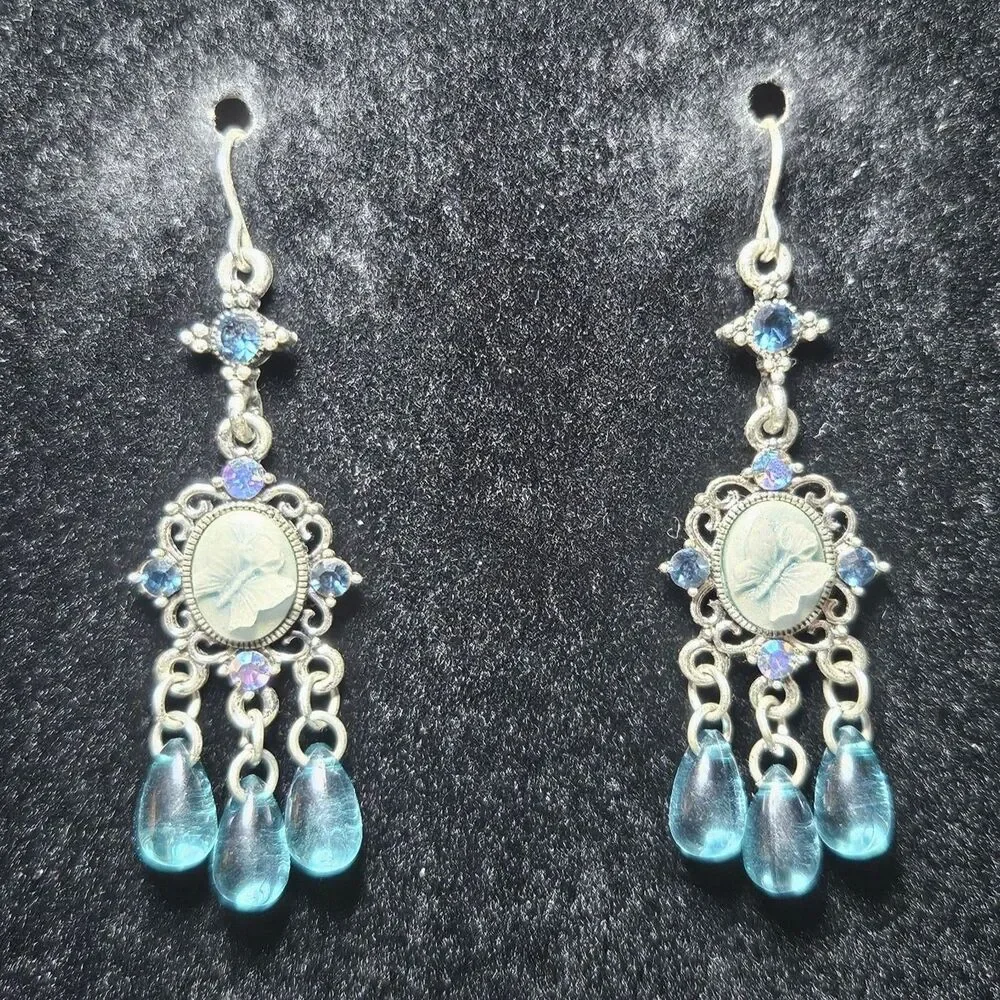 Silver Tone Blue Butterfly Cameo Chandelier Blue Glass Earrings